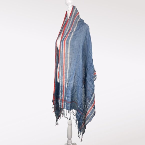 Vintage Blue Orange White Striped Fringe Scarf Rectangle Wrap Shawl - Picture 4 of 8